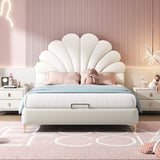 Modern Upholstered Leather Bed Frame with Petal shaped Headboard, Heavy Duty Platform Bed with Wood Slat Support