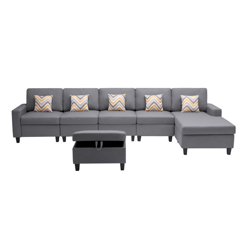 Nolan Gray Linen Fabric 6Pc Reversible Sectional Sofa Chaise with Interchangeable Legs, Pillows and Storage Ottoman
