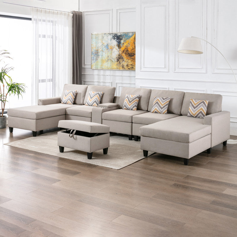 Nolan Beige Linen Fabric 7Pc Double Chaise Sectional Sofa with Interchangeable Legs, Storage Ottoman, Pillows, and a USB, Charging Ports, Cupholders, Storage Console Table