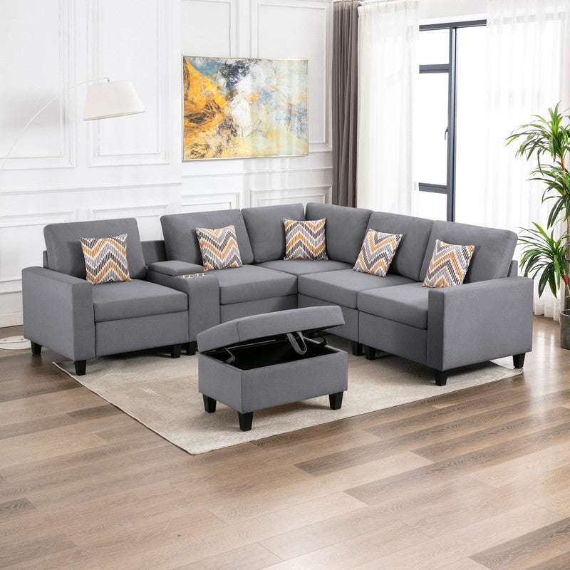 Nolan Gray Linen Fabric 7Pc Reversible Sectional Sofa with Interchangeable Legs, Pillows, Storage Ottoman, and a USB, Charging Ports, Cupholders, Storage Console Table