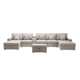 Nolan Beige Linen Fabric 7Pc Double Chaise Sectional Sofa with Interchangeable Legs, Storage Ottoman, Pillows, and a USB, Charging Ports, Cupholders, Storage Console Table