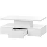 ON-TREND Modern Glossy Coffee Table With Drawer, 2-Tier Rectangle Center Table with LED lighting for Living room, 39.3''x19.6''x15.3'', White