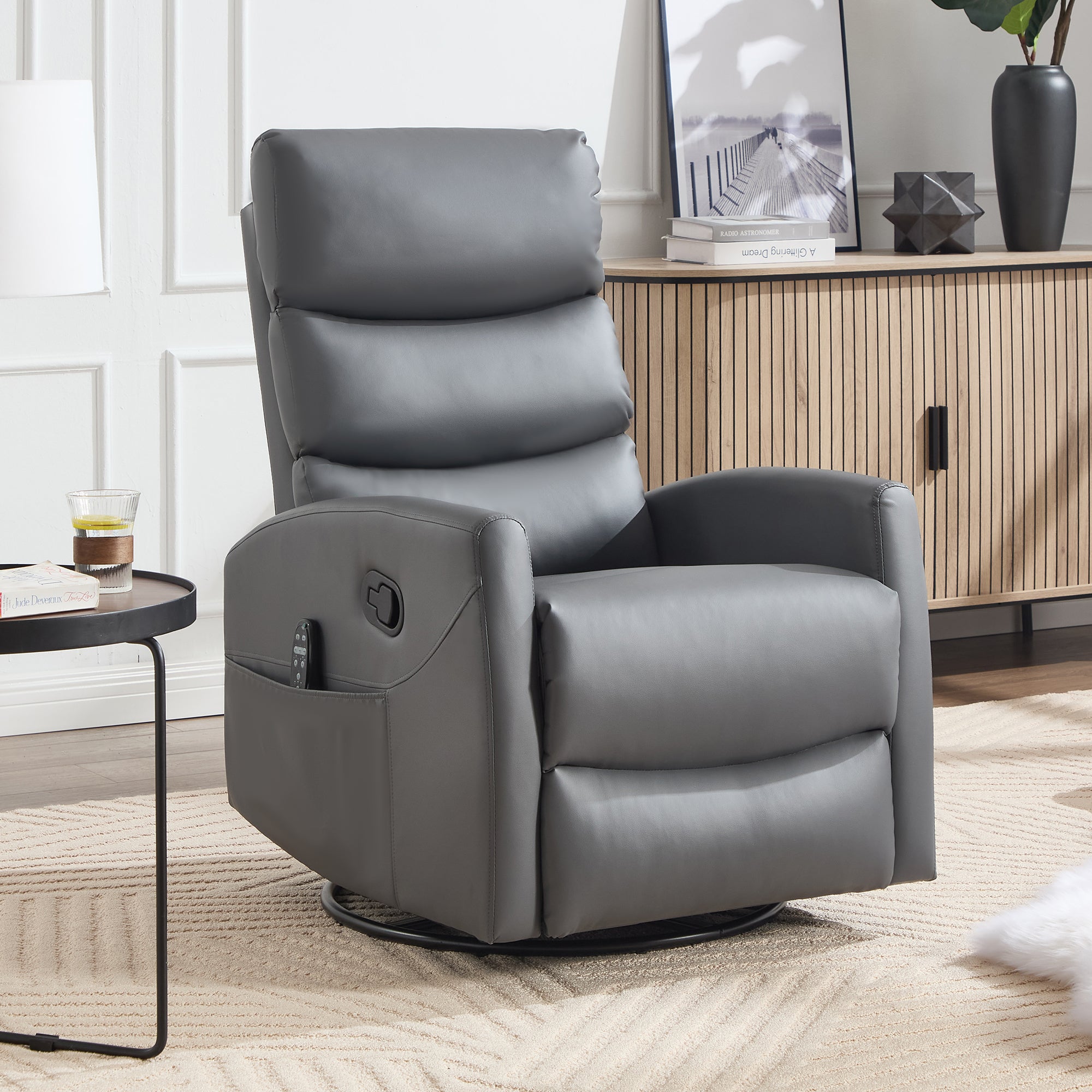 Heat Massage Manual Recliner Chair with Rocker and Swivel in Fabric for Living Room, Grey