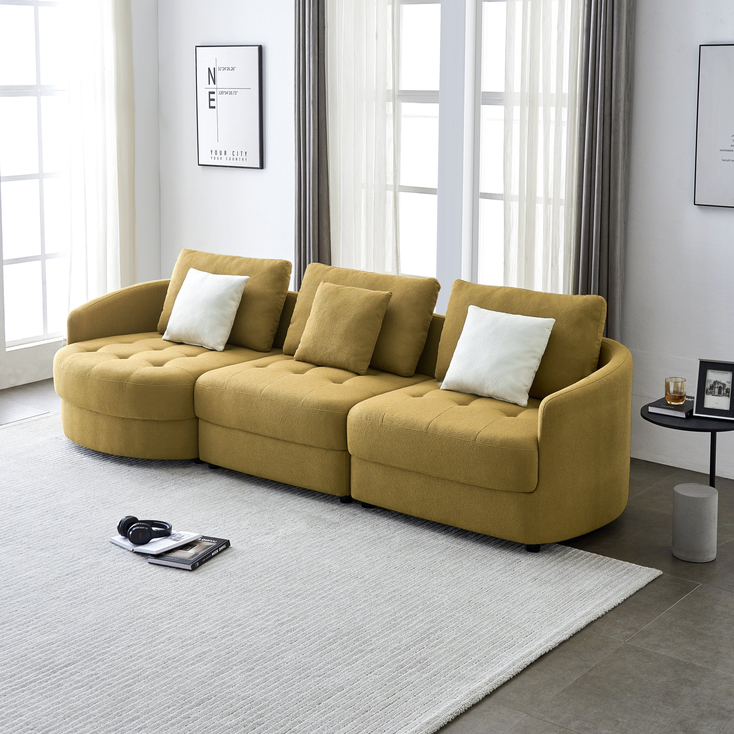 113"  Mid Century Modern Dark Yellow Teddy Fabric Sofa