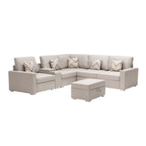 Nolan Beige Linen Fabric 7Pc Reversible Sectional Sofa with Interchangeable Legs, Pillows, Storage Ottoman, and a USB, Charging Ports, Cupholders, Storage Console Table