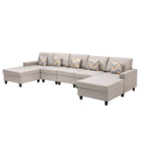 Nolan Beige Linen Fabric 5Pc Double Chaise Sectional Sofa with Pillows and Interchangeable Legs