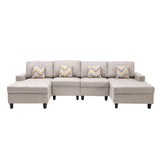 Nolan Beige Linen Fabric 4Pc Double Chaise Sectional Sofa with Pillows and Interchangeable Legs