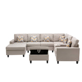 Nolan Beige Linen Fabric 8Pc Reversible Chaise Sectional Sofa with Interchangeable Legs, Pillows, Storage Ottoman, and a USB, Charging Ports, Cupholders, Storage Console Table