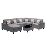 Nolan Gray Linen Fabric 7Pc Reversible Chaise Sectional Sofa with Interchangeable Legs, Pillows and Storage Ottoman