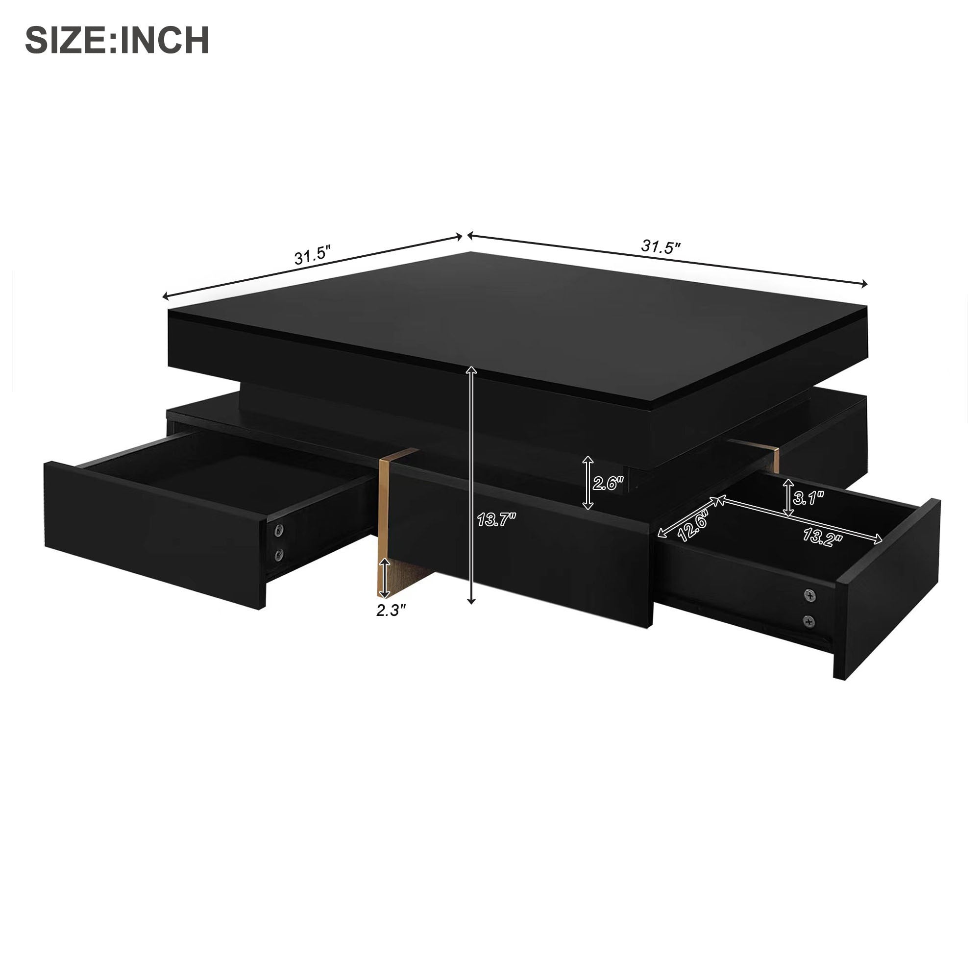 ON-TREND Modern High Gloss Coffee Table with 4 Drawers, Multi-Storage Square Cocktail Tea Table with Wood Grain Legs, Center Table for Living Room, 31.5''x31.5'', Black