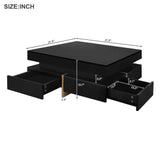 ON-TREND Modern High Gloss Coffee Table with 4 Drawers, Multi-Storage Square Cocktail Tea Table with Wood Grain Legs, Center Table for Living Room, 31.5''x31.5'', Black