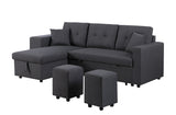 Dennis Dark Gray Linen Fabric Reversible Sleeper Sectional with Storage Chaise and 2 Stools