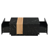 ON-TREND Modern 35.4 x 23.6 Inch Two-tone Coffee Table with Faux Marble and Walnut Wood Grain Finish, Rectangular Center Table with 2 Storage Drawers, Practical Cocktail Table for Living Room, Black