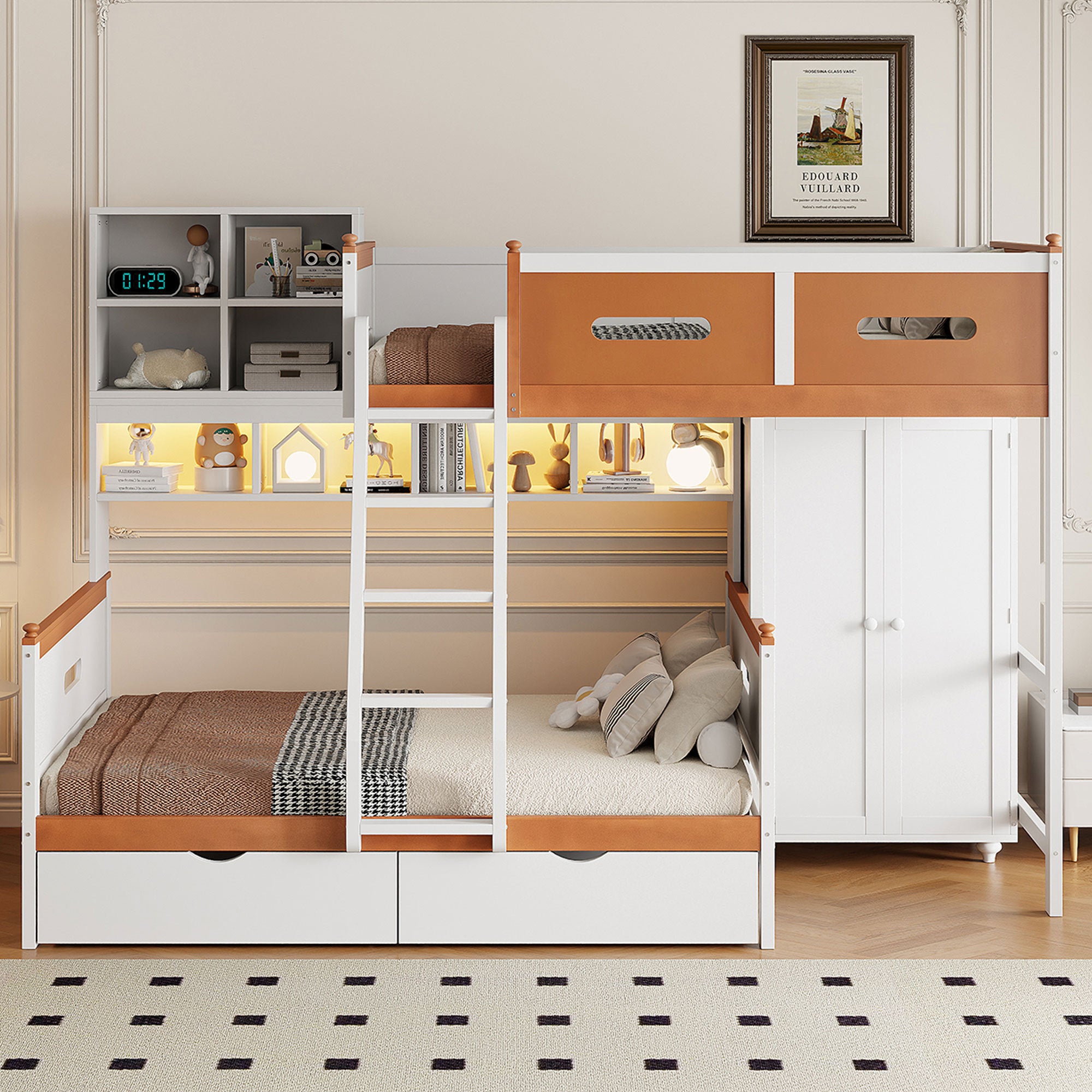 Twin Over Full Wooden Bunk Bed with Wardrobe, Drawers, Shelves and LED light(White+Orange)