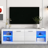 [VIDEO provided] ON-TREND Modern TV Stand with 2 Tempered Glass Shelves, High Gloss Entertainment Center for TVs Up to 70'', Elegant TV Cabinet with LED Color Changing Lights for Living Room, White