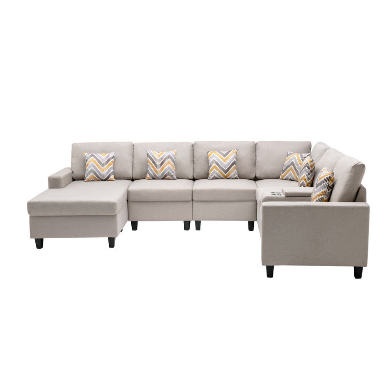 Nolan Beige Linen Fabric 7Pc Reversible Chaise Sectional Sofa with a USB, Charging Ports, Cupholders, Storage Console Table and Pillows and Interchangeable Legs