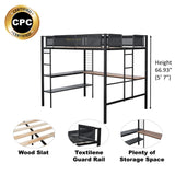 Metal Full Size Loft Bed with Desk & Shelves/ Sturdy Metal Bed Frame/ Noise-free Wood Slats/ Comfortable Textilene Guardrail/ Built-in Desk, 2-tier Shelves & Grid Panel/ 2 Side Ladders