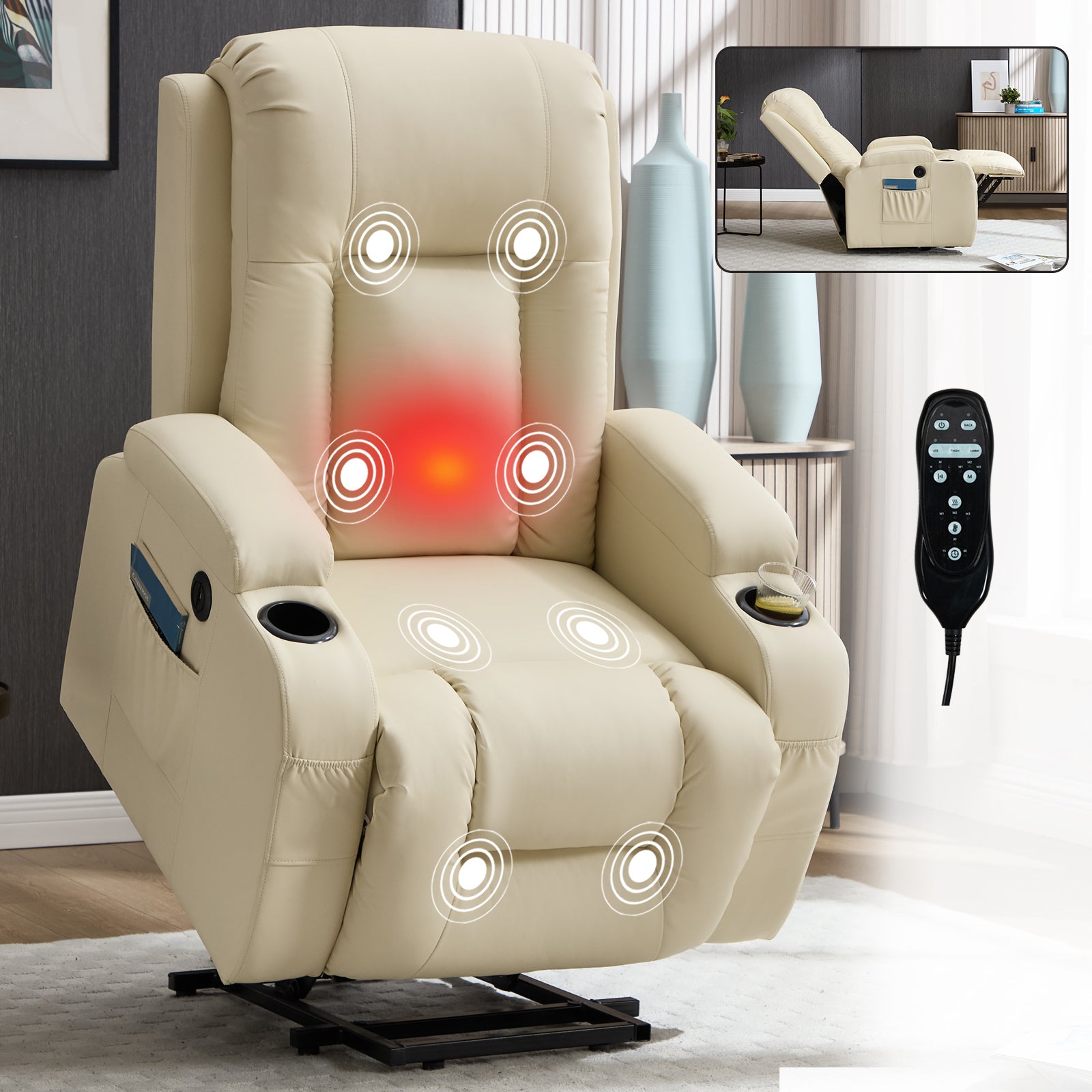 Beige PU Infinite Position Up to 350 LBS Power Lift Recliner Chair for Elderly, Heavy Duty Motion Mechanism with 8-Point Vibration Massage and Lumbar Heating, USB Charging Port, Cup Holders