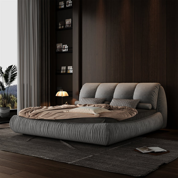 King Size Luxury Upholstered Platform Bed with Oversized Padded Backrest and Solid Wood Frame,suitable for Multiple heights of mattresses,Grey(Old Sku:W1885S00007)