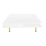 ON-TREND Exquisite High Gloss Coffee Table with 4 Golden Legs and 2 Small Drawers, 2-Tier Square Center Table for Living Room, White