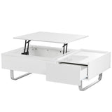 [VIDEO provided] ON-TREND Multi-functional Coffee Table with Lifted Tabletop, Contemporary Cocktail Table with Metal Frame Legs, High-gloss Surface Dining Table for Living Room, White