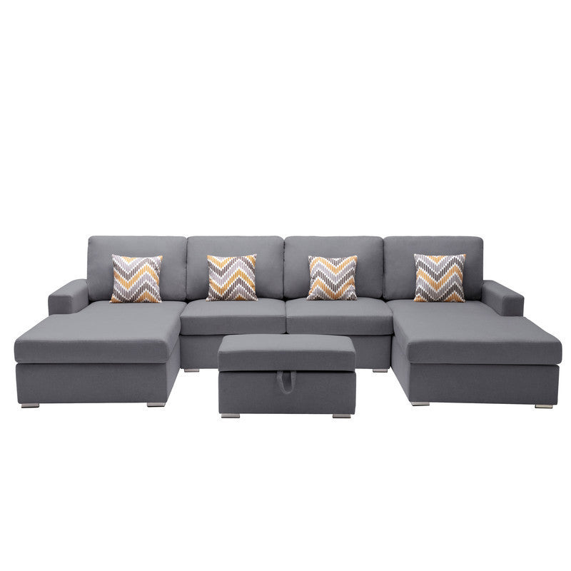 Nolan Gray Linen Fabric 5Pc Double Chaise Sectional Sofa with Interchangeable Legs, Storage Ottoman, and Pillows