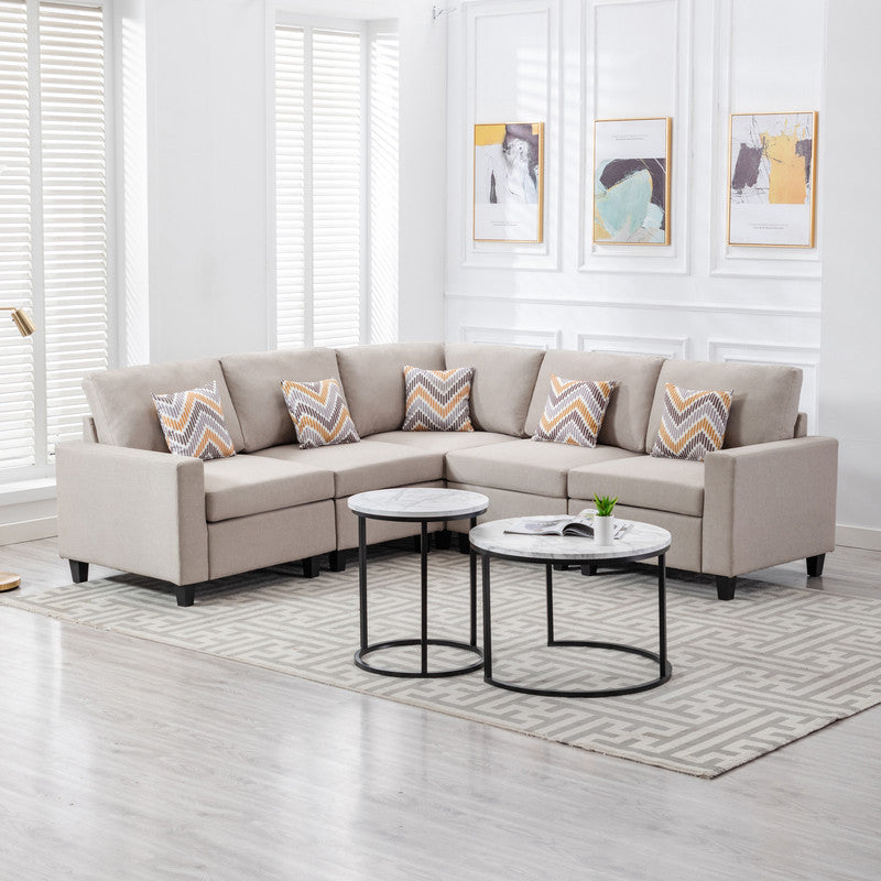 Nolan Beige Linen Fabric 5Pc Reversible Sectional Sofa with Pillows and Interchangeable Legs