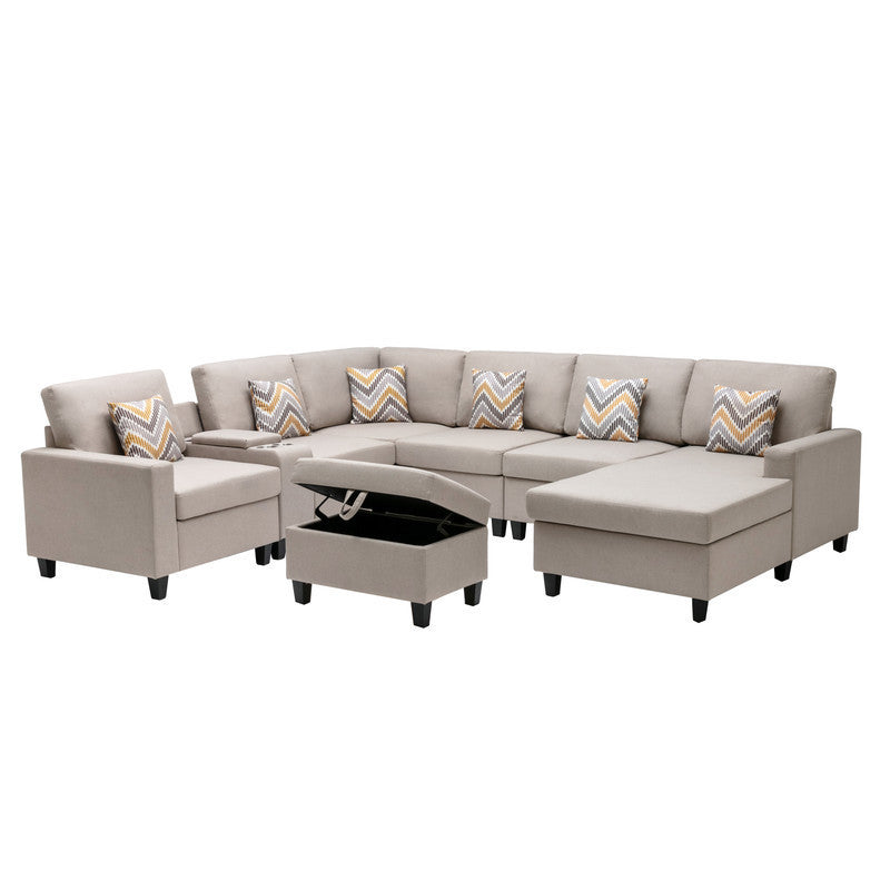 Nolan Beige Linen Fabric 8Pc Reversible Chaise Sectional Sofa with Interchangeable Legs, Pillows, Storage Ottoman, and a USB, Charging Ports, Cupholders, Storage Console Table