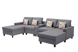 Nolan Gray Linen Fabric 5Pc Double Chaise Sectional Sofa with Interchangeable Legs, a USB, Charging Ports, Cupholders, Storage Console Table and Pillows