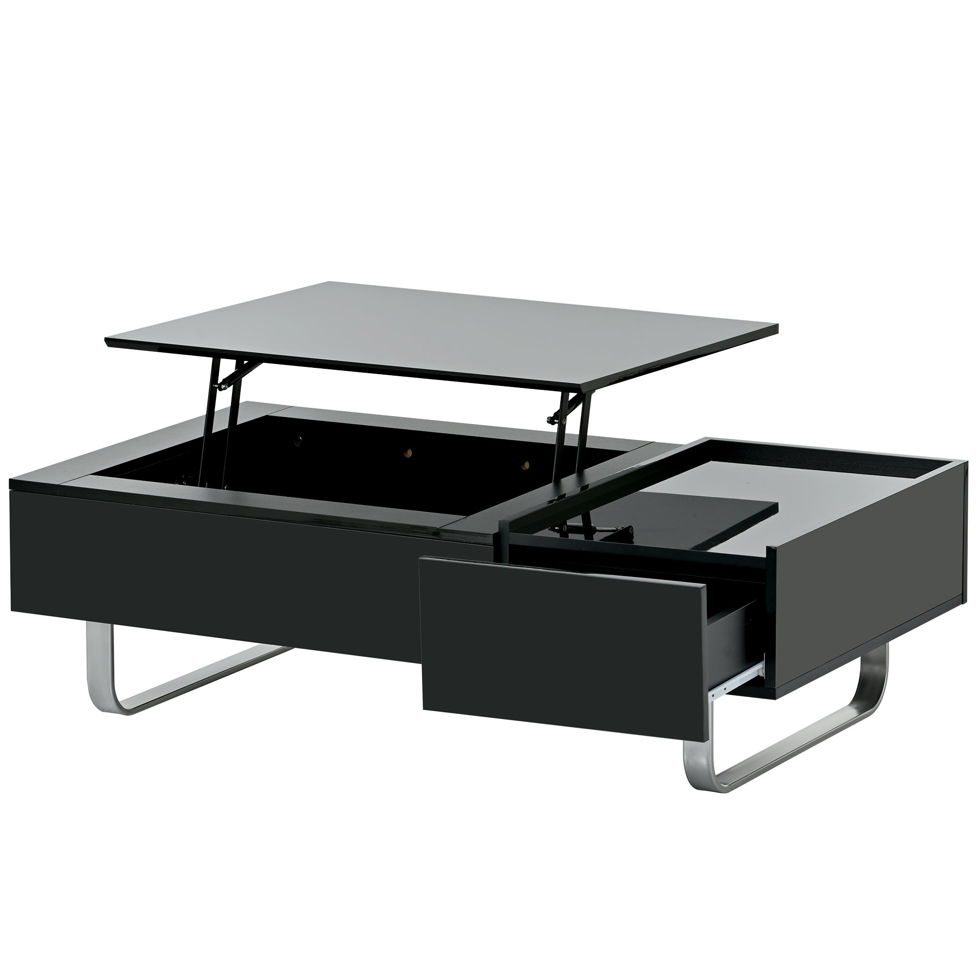 [VIDEO provided] ON-TREND Multi-functional Coffee Table with Lifted Tabletop, Contemporary Cocktail Table with Metal Frame Legs, High-gloss Surface Dining Table for Living Room, Black