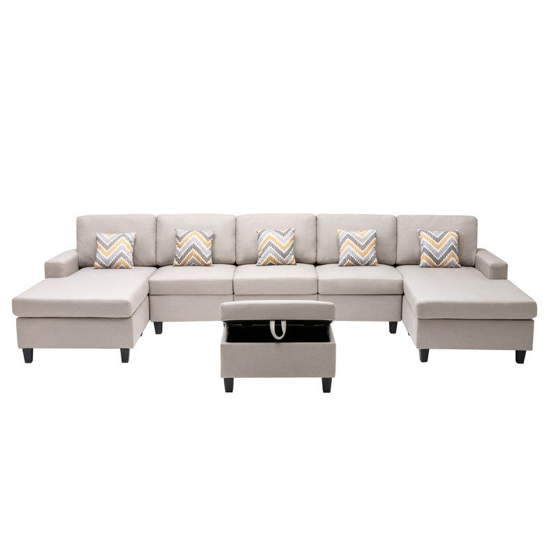 Nolan Beige Linen Fabric 6Pc Double Chaise Sectional Sofa with Interchangeable Legs, Storage Ottoman, and Pillows