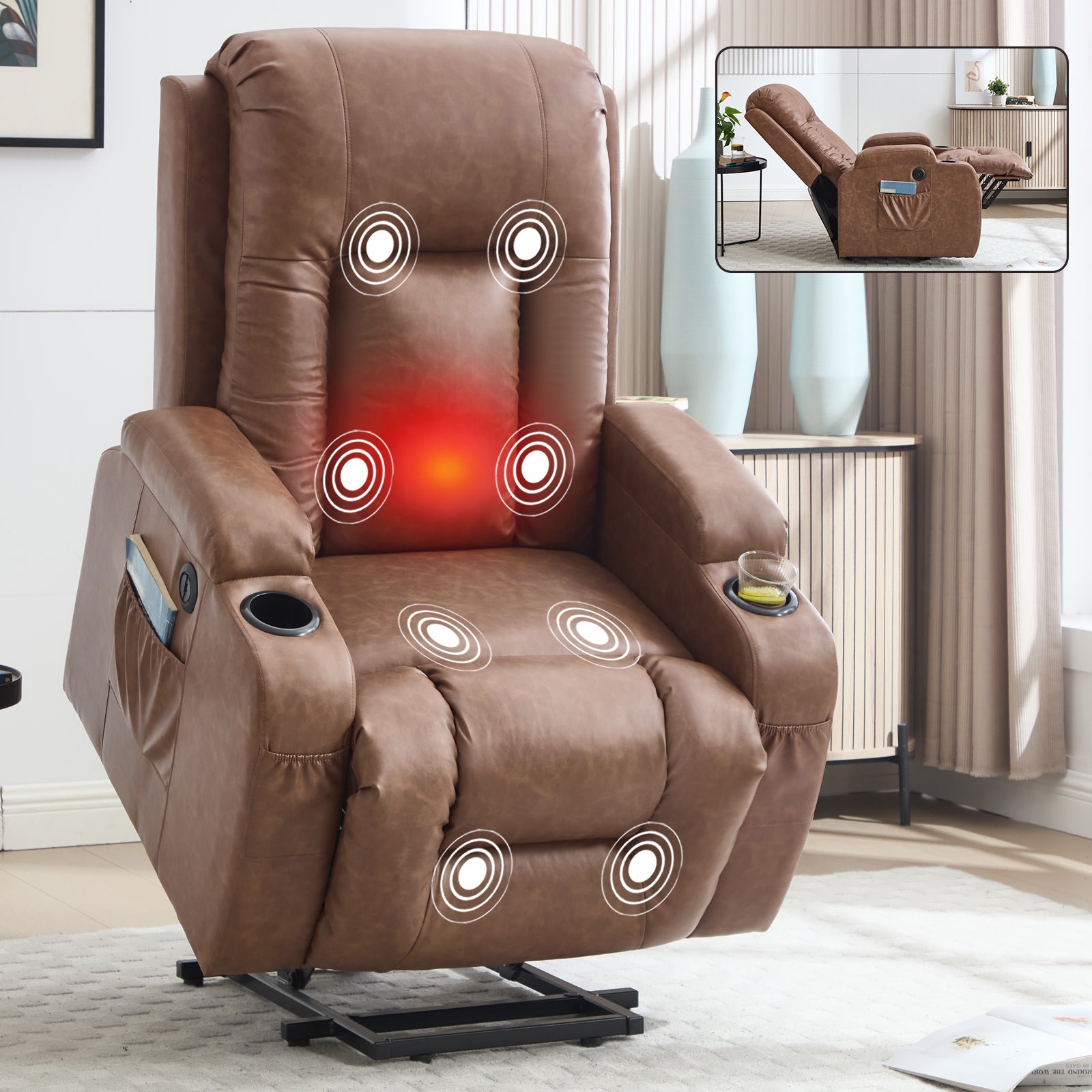 Brown PU Infinite Position Up to 350 LBS Power Lift Recliner Chair for Elderly, Heavy Duty Motion Mechanism with 8-Point Vibration Massage and Lumbar Heating, USB Charging Port, Cup Holders