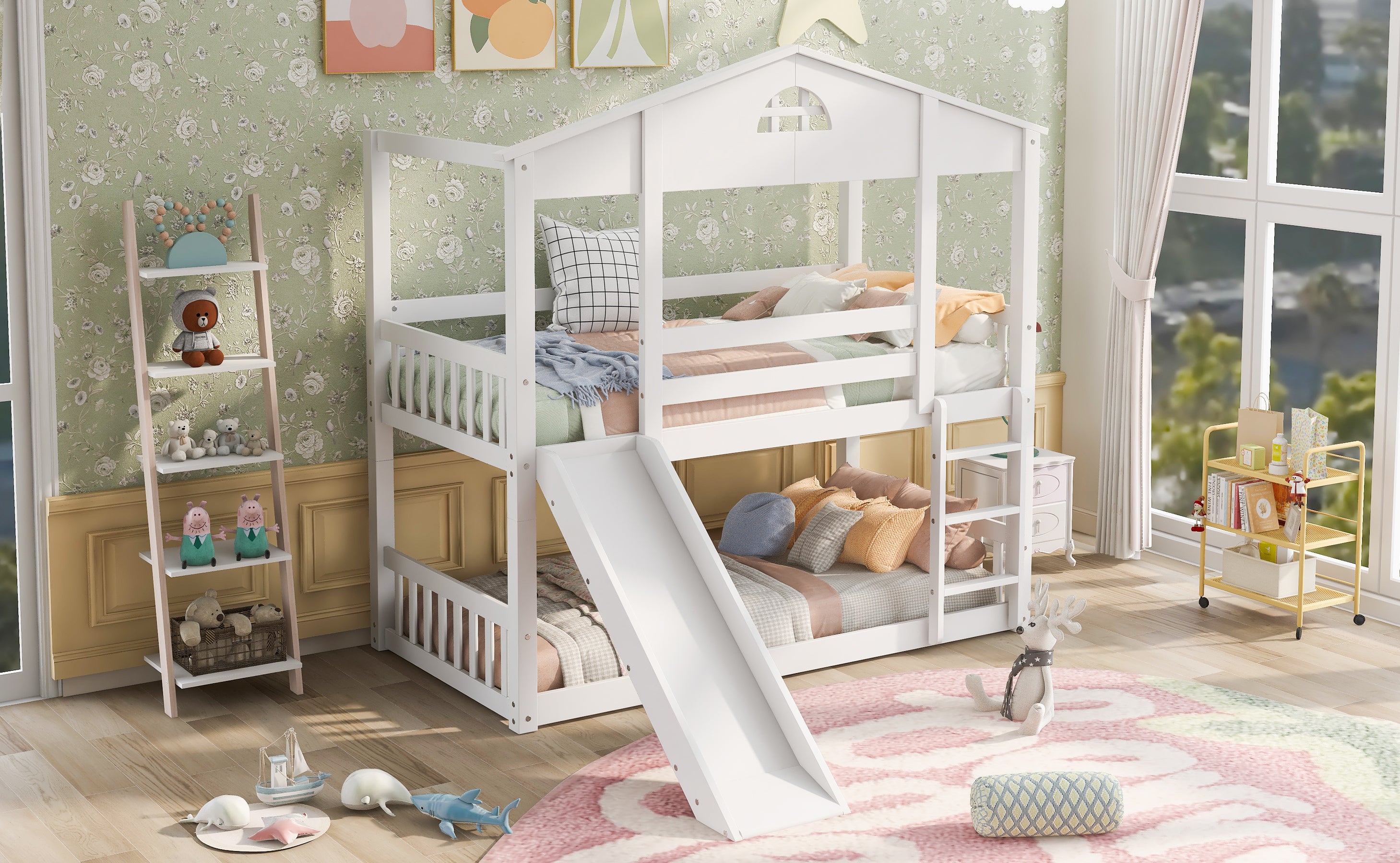 Twin over Twin House Bunk Bed with Convertible Slide and Ladder,Converts into 2 Separate Platform Beds,White