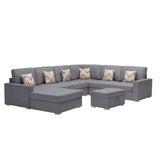 Nolan Gray Linen Fabric 7Pc Reversible Chaise Sectional Sofa with Interchangeable Legs, Pillows and Storage Ottoman