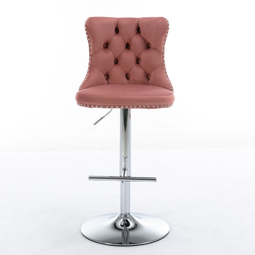 Swivel Velvet Barstools Adjusatble Seat Height from 25-33 Inch, Modern Upholstered Chrome base Bar Stools with Backs Comfortable Tufted for Home Pub and Kitchen Island, Pink,Set of 2,1712PK