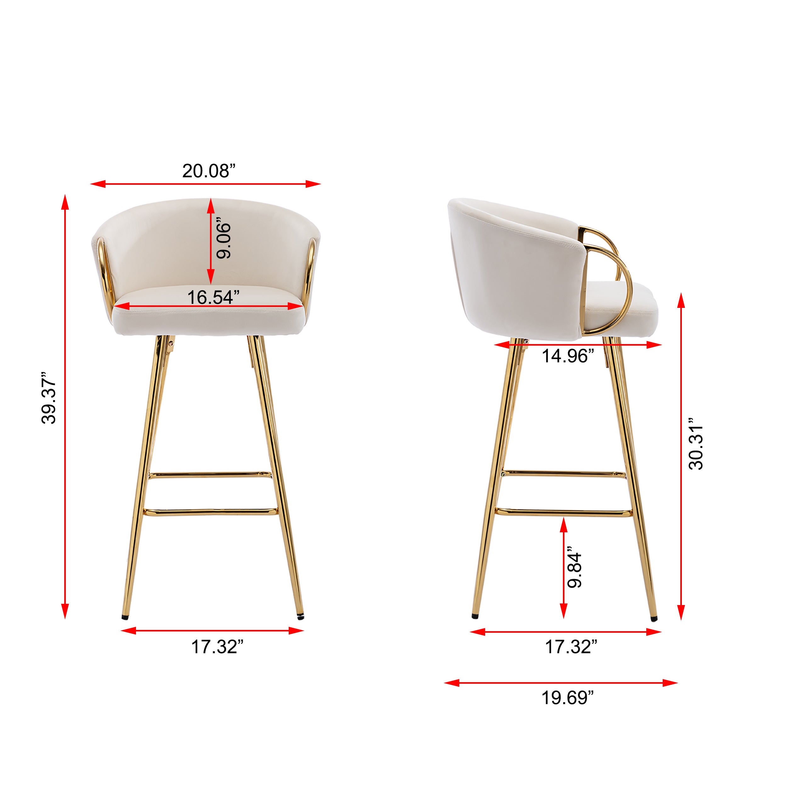 30 Inch Set of 2 Bar Stools,with Chrome Footrest and Base Velvet + Golden Leg Simple Bar Stool,CREAM