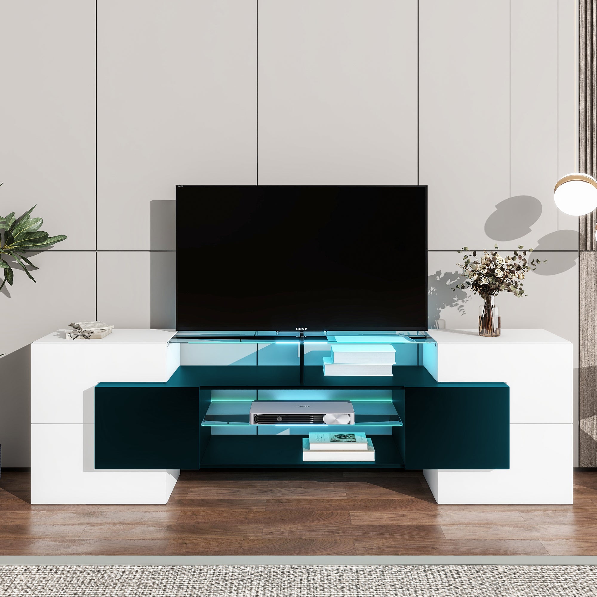 ON-TREND Unique Shape TV Stand with 2 Illuminated Glass Shelves, High Gloss Entertainment Center for TVs Up to 88", Versatile TV Cabinet with LED Color Changing Lights for Living Room, Black&White