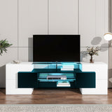 ON-TREND Unique Shape TV Stand with 2 Illuminated Glass Shelves, High Gloss Entertainment Center for TVs Up to 88", Versatile TV Cabinet with LED Color Changing Lights for Living Room, Black&White