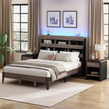 Walnut and Black 3 Pieces Bedroom Sets Mid Century Modern Style Queen Bed Frame with Bookshelf and LED Lights and USB Port and Two Nightstands