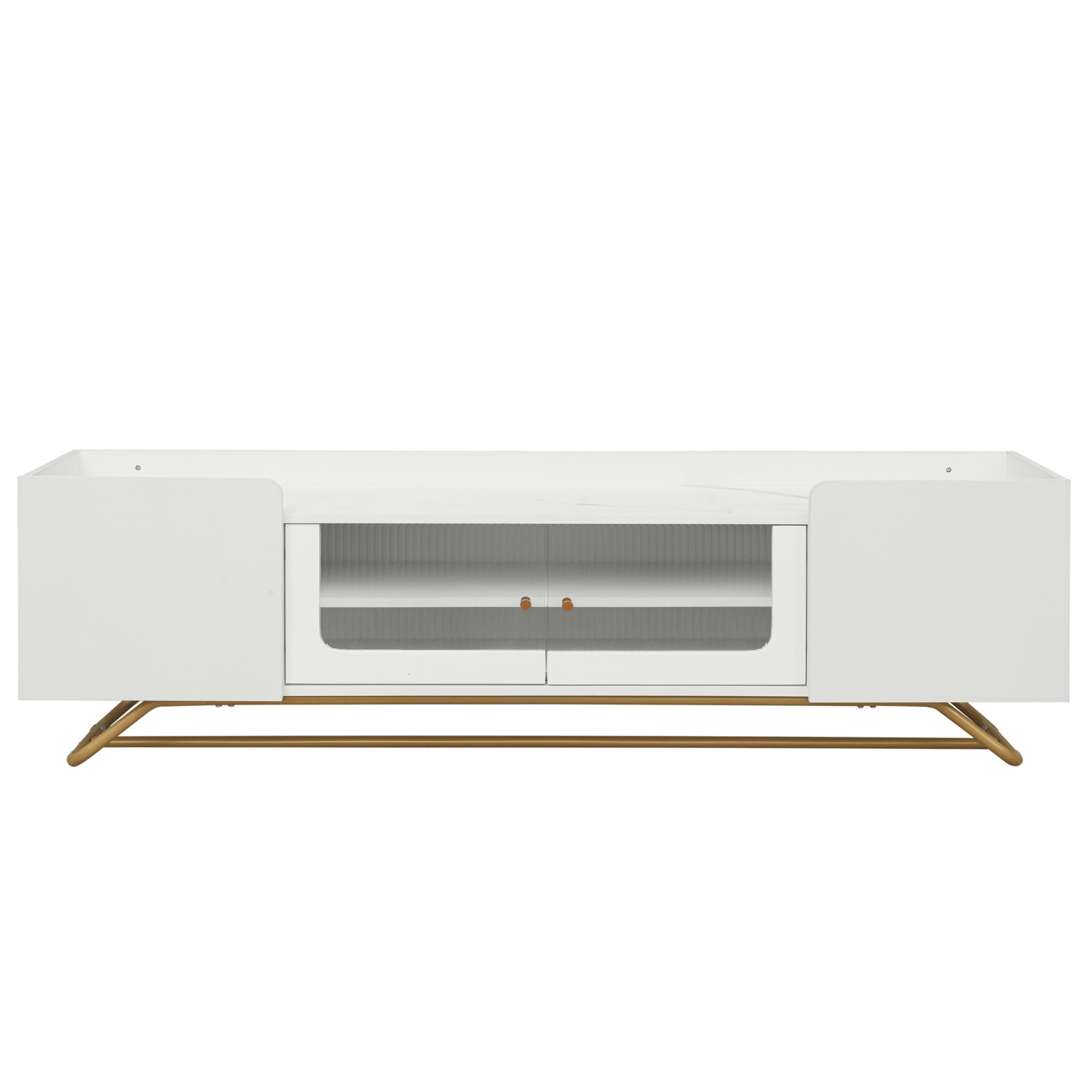 ON-TREND Sleek Design TV Stand with Fluted Glass, Contemporary Entertainment Center for TVs Up to 70", Faux Marble Top TV Console Table with Gold Frame Base, White