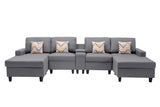 Nolan Gray Linen Fabric 5Pc Double Chaise Sectional Sofa with Interchangeable Legs, a USB, Charging Ports, Cupholders, Storage Console Table and Pillows