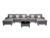 Nolan Gray Linen Fabric 7Pc Double Chaise Sectional Sofa with Interchangeable Legs, Storage Ottoman, Pillows, and a USB, Charging Ports, Cupholders, Storage Console Table