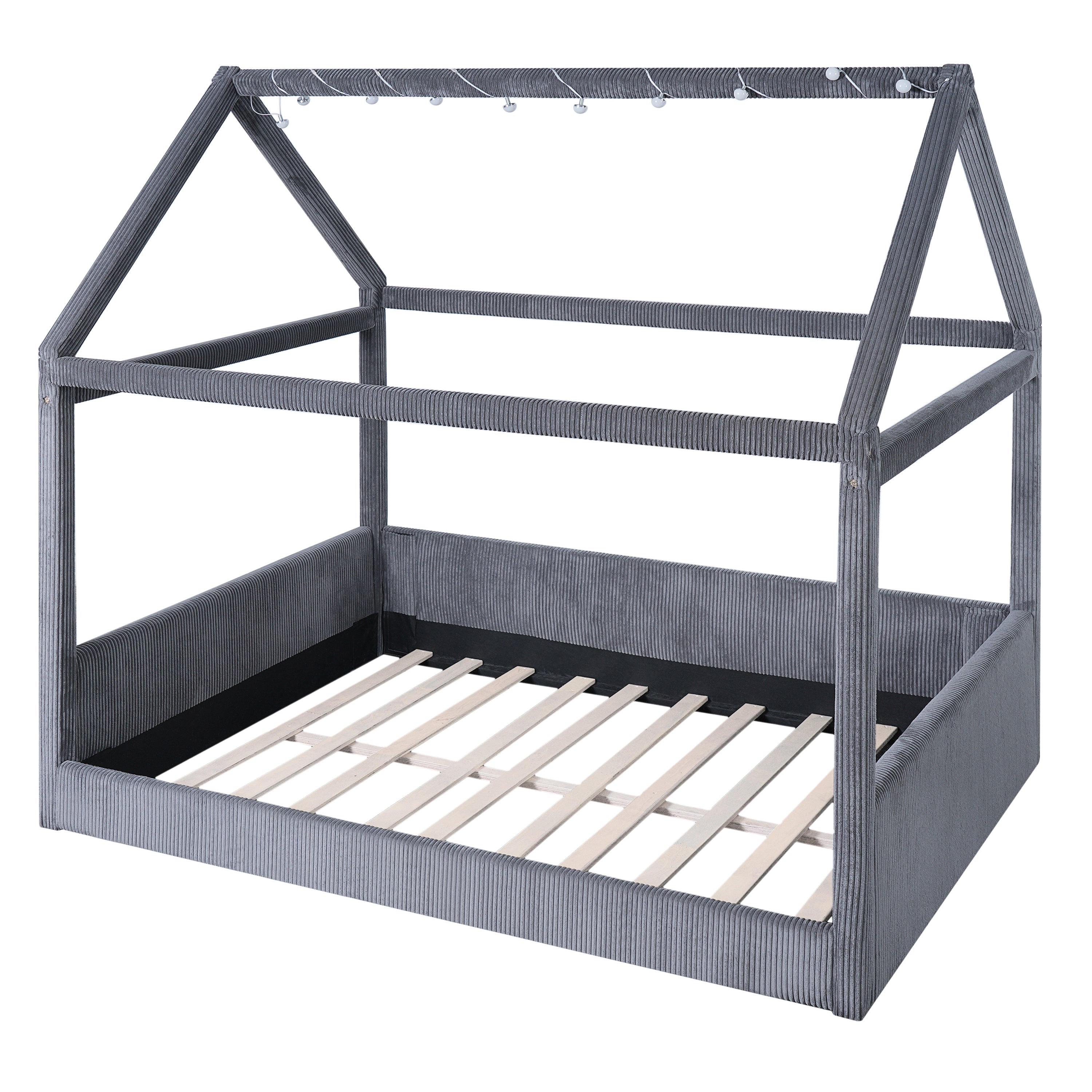 Grey Full Size Upholstered House Daybed with LED Light Strips, Corduroy Fabric and Solid Pinewood Frame