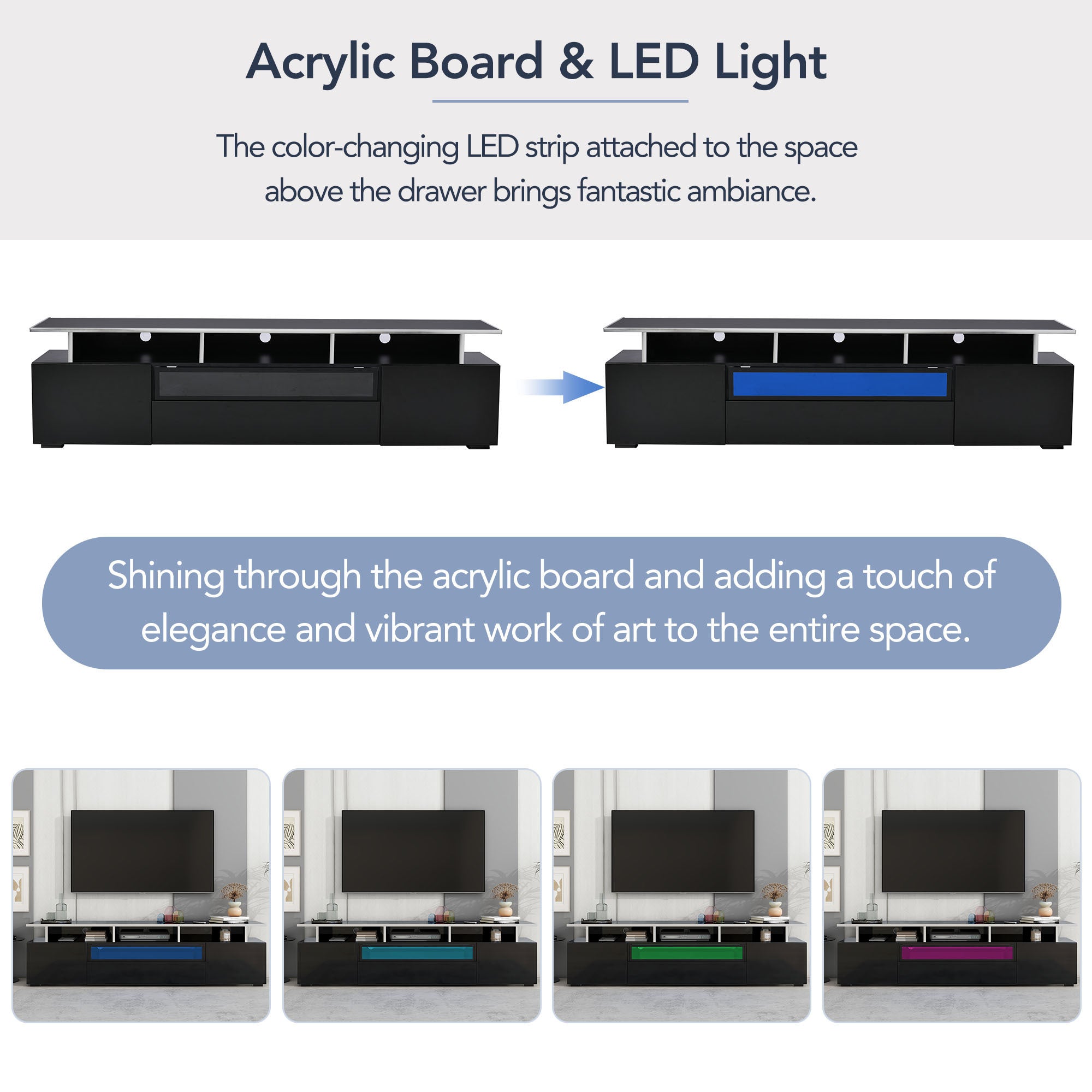 ON-TREND Modern TV Stand with Push to Open Doors, UV High-Gloss Entertainment Center with Acrylic Board for TVs Up to 80", Stylish TV Cabinet with LED Color Changing Lights for Living Room, Black