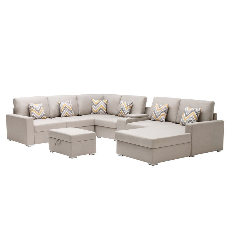 Nolan Beige Linen Fabric 8Pc Reversible Chaise Sectional Sofa with Interchangeable Legs, Pillows, Storage Ottoman, and a USB, Charging Ports, Cupholders, Storage Console Table