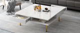 ON-TREND Exquisite High Gloss Coffee Table with 4 Golden Legs and 2 Small Drawers, 2-Tier Square Center Table for Living Room, White