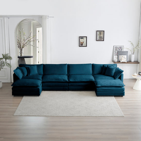 Comfort U Shaped Couch with Reversible Chaise, Modular Large U-Shape Sectional Sofa, Double Extra Ottomans,Blue Chenille