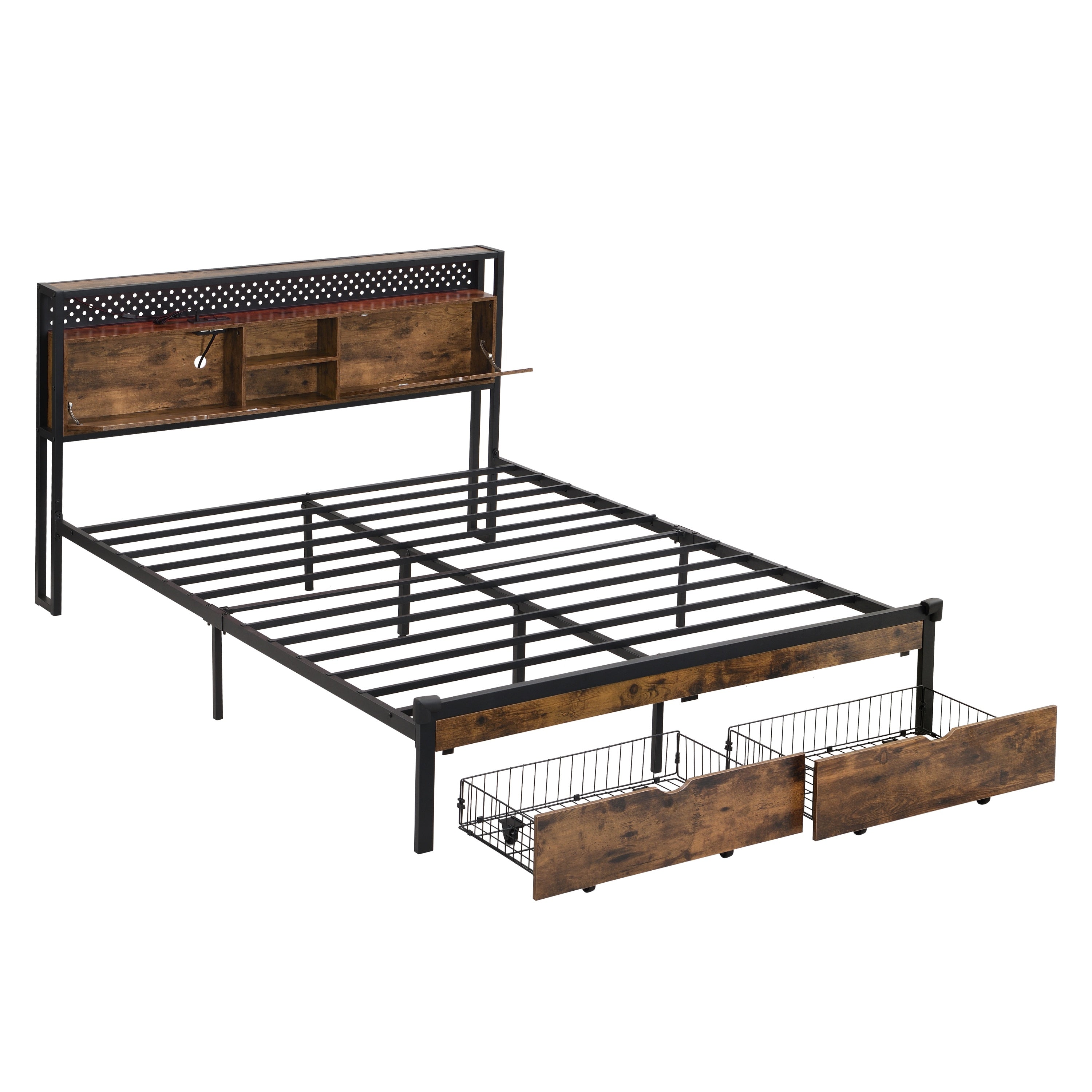 Modern Full Size Metal Platform Bed Frame with Wooden Headboard and Footboard, USB Charging Station, 2 Drawers, LED Lights, Black Brown