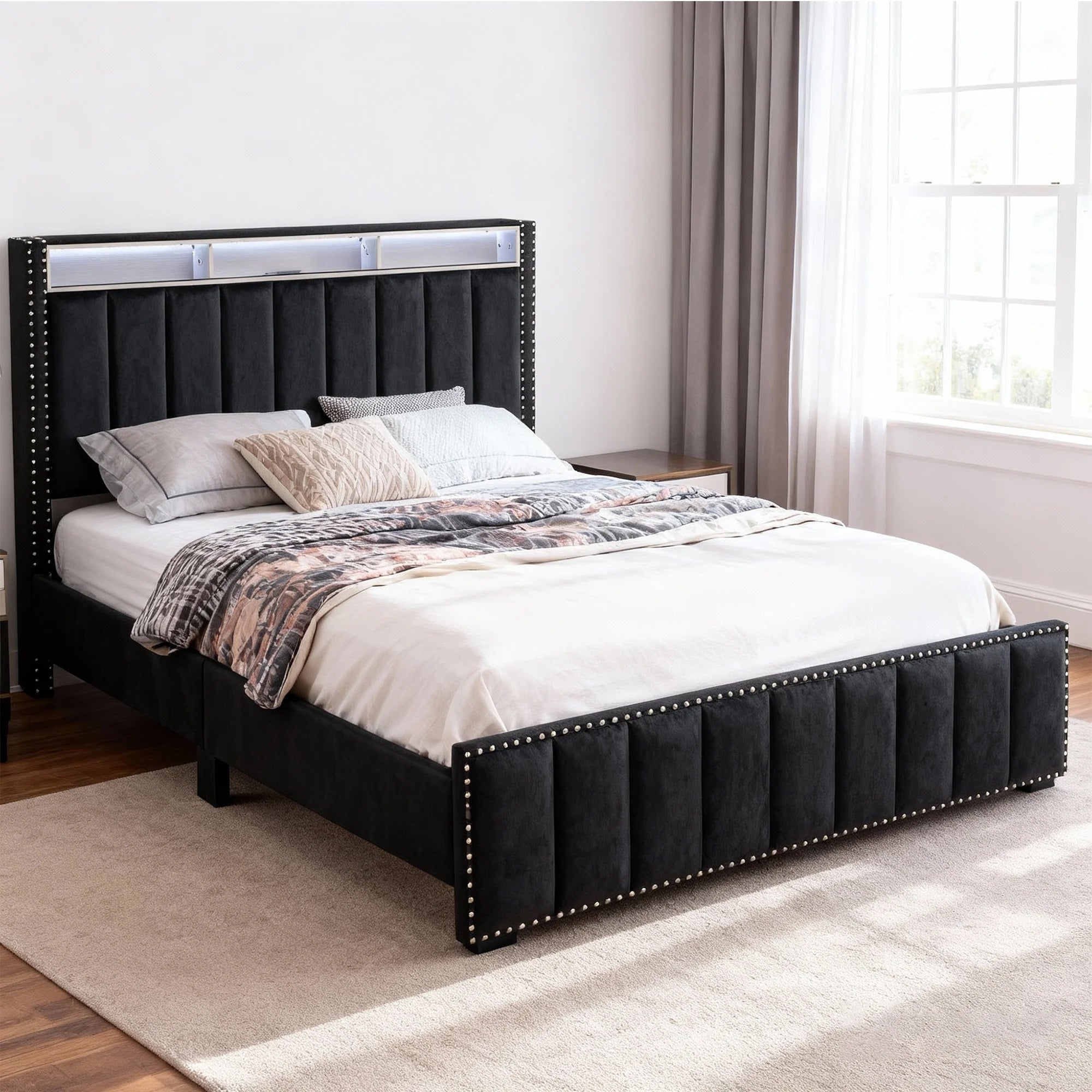 Glamorous Black Color 1pc Full Size Bed Storage Shelve LED Channel Tufting Bedroom Furniture Fabric Nailhead