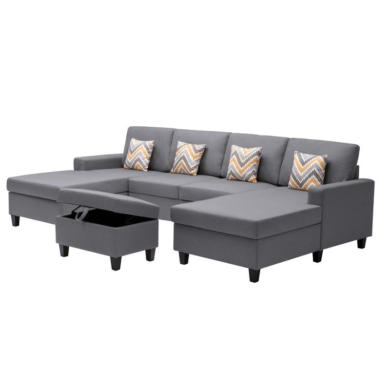 Nolan Gray Linen Fabric 5Pc Double Chaise Sectional Sofa with Interchangeable Legs, Storage Ottoman, and Pillows